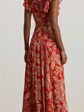 Lauren Ralph Lauren Red Floral Maxi Dress with Yellow Leaf Print